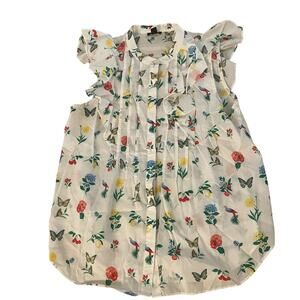 Ann Taylor Floral Butterfly Print Ruffle Flutter Sleeve Blouse colorful Size M